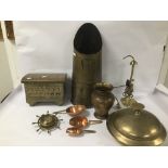 A COLLECTION OF BRASS ITEMS INCLUDING A INDIAN BRASS BOUND BOX