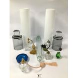A COLLECTION OF GLASS ITEMS INCLUDING ATOMISERS AND A LARGE ROLLING PIN