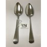 A PAIR OF GEORGE III SILVER TABLE SPOONS, HALLMARKED LONDON 1808/09 BY JOHN LIAS, 114G