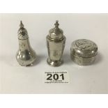 A HALLMARKED SILVER EMBOSSED CIRCULAR PILL BOX WITH TWO HALLMARKED SILVER PEPPER POTS 61 GRAMS