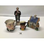A PRATTWARE STYLE COTTAGE MONEY BOX,MONEY BOX ,CROWN STAFFORDSHIRE FIGURE AND TWO CHARACTER MUGS