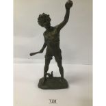 A SIGNED CAST SPELTER BRONZED FIGURE OF A BOY MARKED FFLAND 36 CMS