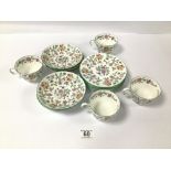 A MINTONS HADDON HILL PATTERN PORCELAIN TEA SET, COMPRISING TEA CUPS, SAUCERS AND SIDE PLATES, 16