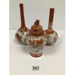 THREE JAPANESE SATSUMA PORCELAIN ITEMS, INCLUDING TWO OVOID VASES WITH LONG NECKS AND ANOTHER,