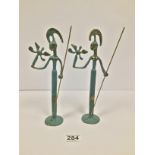 A PAIR OF MODERN BRONZE FIGURES OF MILITARY PERSONAL HOLDING SPEARS, MADE BY A EVANGELIDES OF
