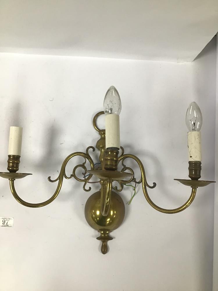 A PAIR OF VINTAGE THREE BRANCH ARM BRASS WALL LIGHTS - Image 2 of 2