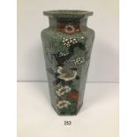 A CHINESE CELADON GREEN CRACKLE GLAZE VASE OF HEXAGONAL FORM WITH PAINTED SCENES DEPICTING TWO