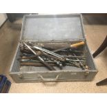 A VINTAGE WORK BOX WITH A COLLECTION OF TOOLS SOME OF WHICH ARE VINTAGE