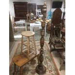 THREE PIECES OF FURNITURE INCLUDING COAT STAND 172 CM WITH A STOOL AND SMALL TABLE