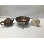 A CERAMIC TEAPOT AND A ORIENTAL BOWL WITH A SEA SHELL