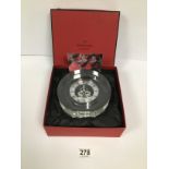 AN INKERMAN OF LONDON CLEAR CRYSTAL GLASS ROUND PRESENTATION CLOCK, QUARTZ MOVEMENT, IN ORIGINAL