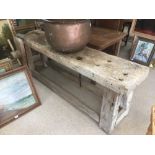 A LARGE EARLY WORKBENCH WITH ATTACHED VICE 198 X 45 X 72 CM