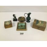 A GROUP OF ASSORTED COLLECTABLES, INCLUDING BRONZED SEAHORSE FIGURE, SMALL BRONZE POURING VESSEL,
