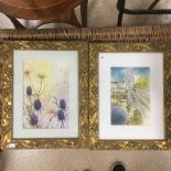 A PAIR OF ORNATE GILDED FRAMES WITH A PRINT AND WATERCOLOUR 48 X 38 CM