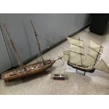 THREE WOODEN SCRATCH BUILT MODELS OF SAILING BOATS, THE LARGEST 91CM WIDE