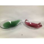 TWO LARGE ART GLASSS DISHES BY FLYGORS, ONE GREEN, ONE PINK, LARGEST 36CM WIDE