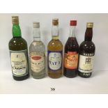 FIVE BOTTLES OF VINTAGE ALCOHOL, COMPRISING VAT 7 SCOTCH WHISKY BY EDLINS LTD, FOUR BELLS FINEST