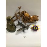 MIXED COLLECTIBLES, INCLUDING A WOODEN HARLEY DAVIDSON, 48CM WIDE AND MORE