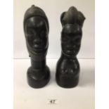 TWO CARVED EBONY AFRICAN BUSTS OF A MALE AND FEMALE, 32CM HIGH