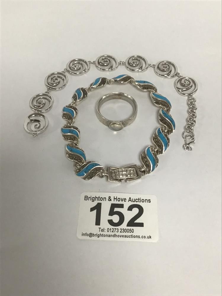 TWO LADIES SILVER BRACELETS, ONE INLAID WITH TURQUOISE SEGMENTS, TOGETHER WITH A SILVER RING, 45G