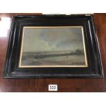 A 19TH CENTURY OIL ON BOARD OF A COUNTRY LANDSCAPE, UNSIGNED, FRAMED AND GLAZED, 43CM BY 34CM