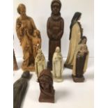 A COLLECTION OF CARVED RELIGIOUS ITEMS, INCLUDING WOODEN AND RESIN FIGURES, LARGEST 30CM HIGH