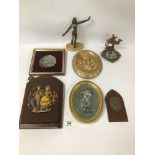 A MIXED LOT OF COLLECTABLES, INCLUDING A SPELTER ART DECO FIGURE UPON STONE BASE, A SPELTER WALL