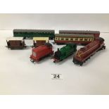 THREE VINTAGE HORNBY DUPLO LOCOMOTIVES WITH CARRIAGES