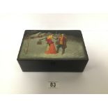 A RUSSIAN LACQUERED BOX OF RECTANGULAR FORM, INDISTINCTLY SIGNED AND DATED 1976, 21CM WIDE