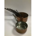 A GRADUATED SET OF SEVEN COPPER COOKING PANS, LARGEST 39.5CM LONG