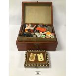 AN EARLY 20TH CENTURY WOODEN SEWING BOX WITH CONTENTS, 30CM WIDE, TOGETHER WITH AN INLAID WOODEN