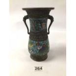 A 19TH CENTURY CHINESE BRONZE AND CHAMPLEVE ENAMEL TWO HANDLED VASE OF BALUSTER FORM, 20CM HIGH