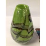A COLOURED ART GLASS VASE OF OVOID FORM, 29CM HIGH, TOGETHER WITH A POINTED ART GLASS HANDKERCHIEF