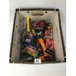 A BOX OF PLAYWORN TOYS INCLUDING CORGI AND MATCHBOX