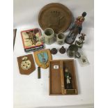 A BOX OF MILITARIA RELATED ITEMS