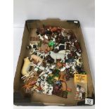 A BOX OF PLASTIC FARM ANIMALS AND FIGURES OF WHICH SOME ARE BRITAINS