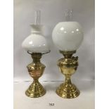 TWO EARLY 20TH CENTURY BRASS OIL LAMPS WITH GLASS SHADES AND FUNNELS, ONE BY BEC ROND JR PARISIEN,