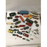 A BOX OF DIE CAST CARS, TRACKS AND SHIP MODELS