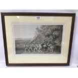 A 19TH CENTURY PRINT TITLED 'RIFLES AND KUKRI'S, DELHI 1857, DEPICTING MILITARY PERSONAL, FRAMED AND