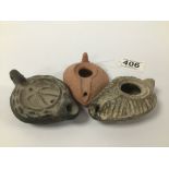 THREE GRAND TOUR ROMAN TERRACOTTA OIL LAMPS, LARGEST 10.5CM LONG