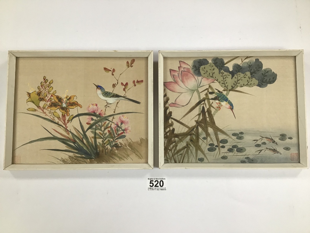 TWO FRAMED AND GLAZED ORIENTAL PAINTINGS ON SILK OF BIRDS, FLOWERS AND BLOSSOM BOTH SIGNED, 22 X