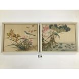 TWO FRAMED AND GLAZED ORIENTAL PAINTINGS ON SILK OF BIRDS, FLOWERS AND BLOSSOM BOTH SIGNED, 22 X