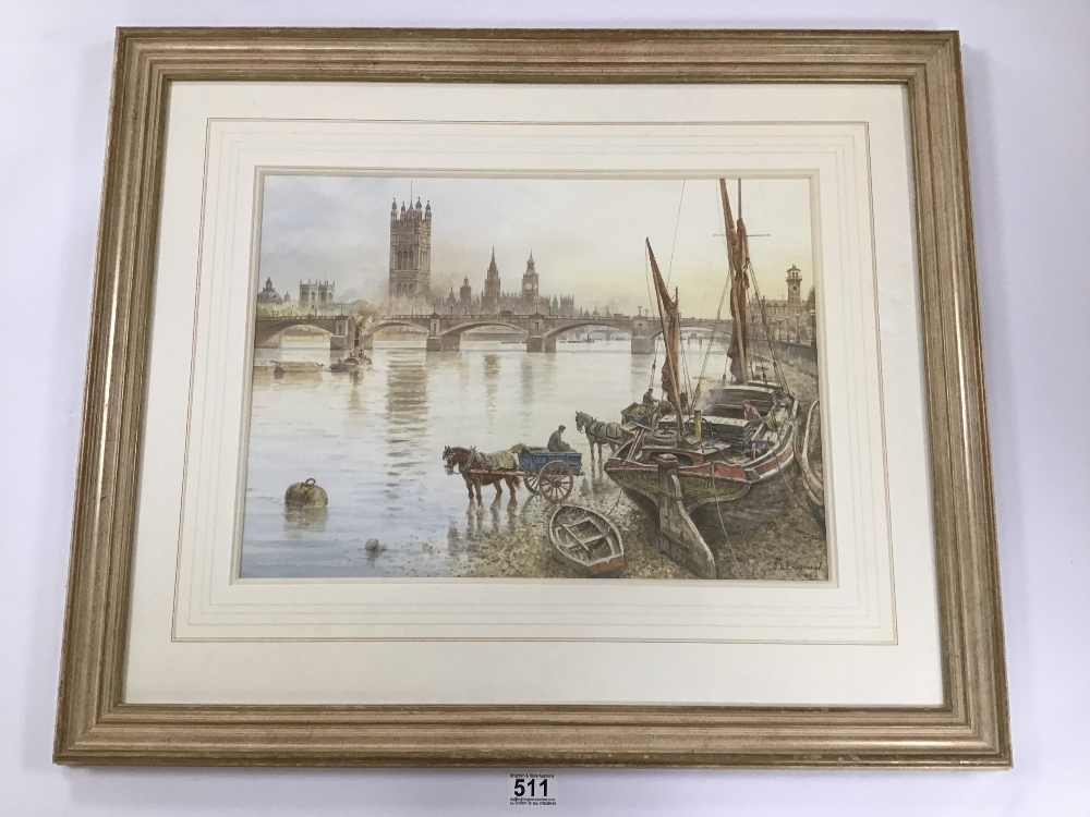 JOHN L CHAPMAN (1946 -), A FRAMED AND GLAZED WATERCOLOUR OF A THAMES SCENE WITH BOATS IN THE