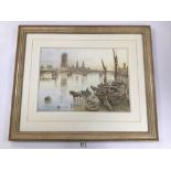 JOHN L CHAPMAN (1946 -), A FRAMED AND GLAZED WATERCOLOUR OF A THAMES SCENE WITH BOATS IN THE