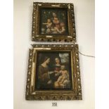 TWO ANTIQUE PRINTS IN GILT GESSO FRAMES BOTH FRAMES A/F, ONE PRINT BEING MADONNA OF THE ROSES BY