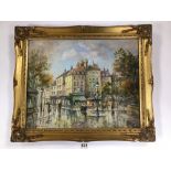 M J RENDELL A FRAMED OIL ON BOARD OF A FRENCH STREET SCENE WITH FIGURES AND REFLECTIONS, 50CM BY