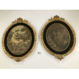 A PAIR OF ANTIQUE ORNATE GILT FRAMED AND GLAZED OVAL PRINTS OF WOMEN, 44CM BY 34CM