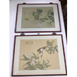 TWO FRAMED AND GLAZED PRINTS ON FABRIC WITH SILK BORDERS FEATURING CHYSANTHEMUMS, BUTTERFLY, BLOSSOM