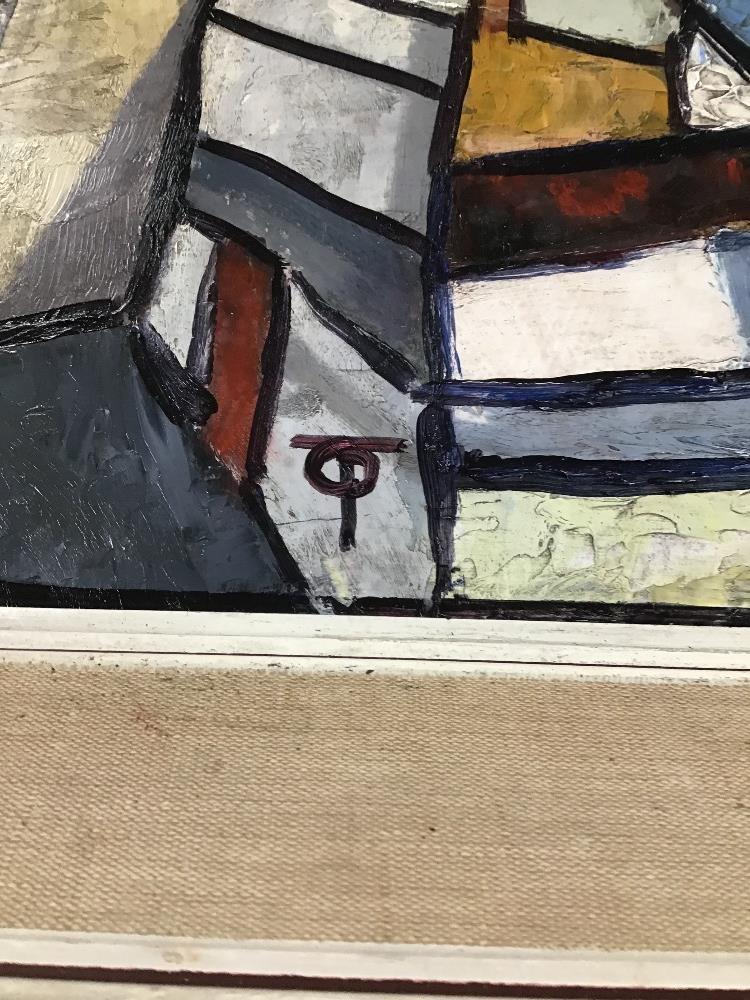 THOMAS O'DONNELL, A VINTAGE OIL ON BOARD OF A STREET SCENE PAINTED IN CUBISM STYLE IN A MID - Image 3 of 4