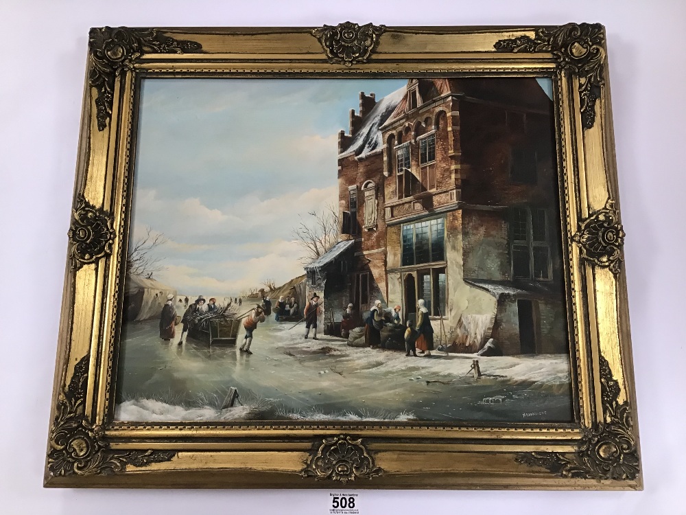 MAX BRANDRETT AN ORNATE GILT FRAMED OIL ON CANVAS OF A DUTCH WINTER TRADE SCENE SIGNED M BRANDRETT